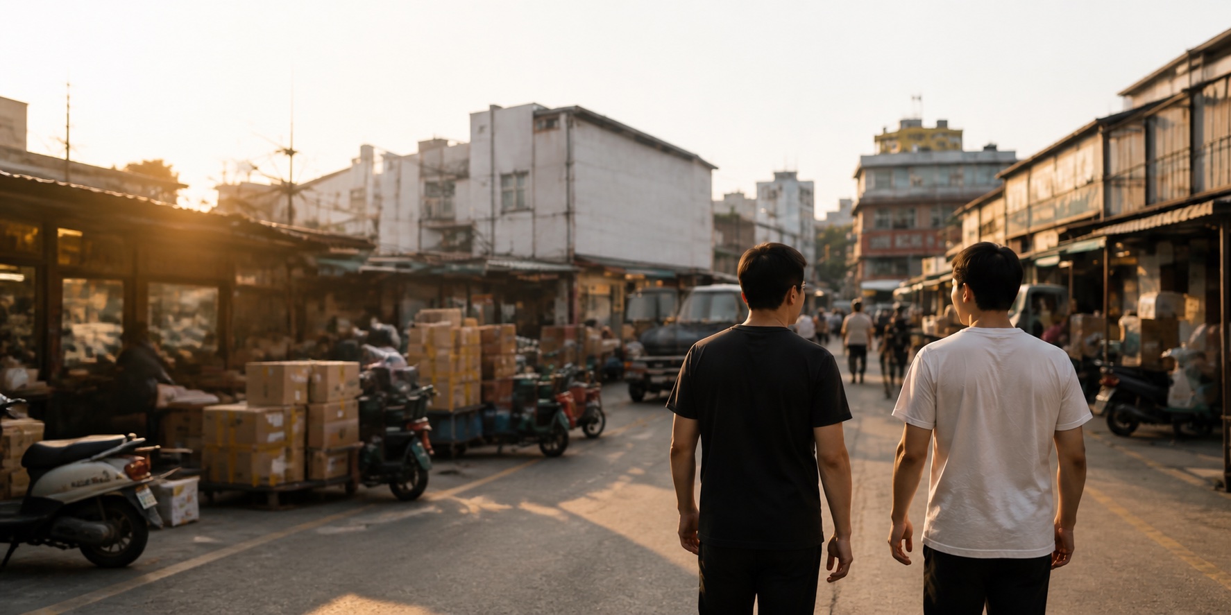Two friends walking through an active commercial market street in China