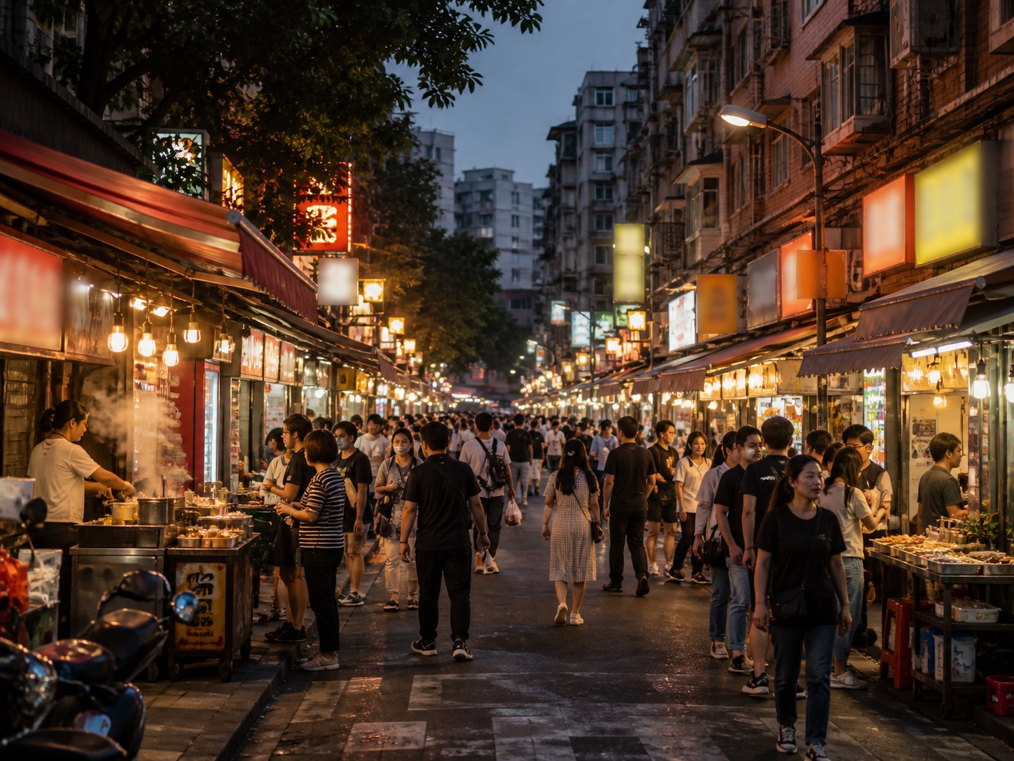 A lively Chinese commercial street and night market
