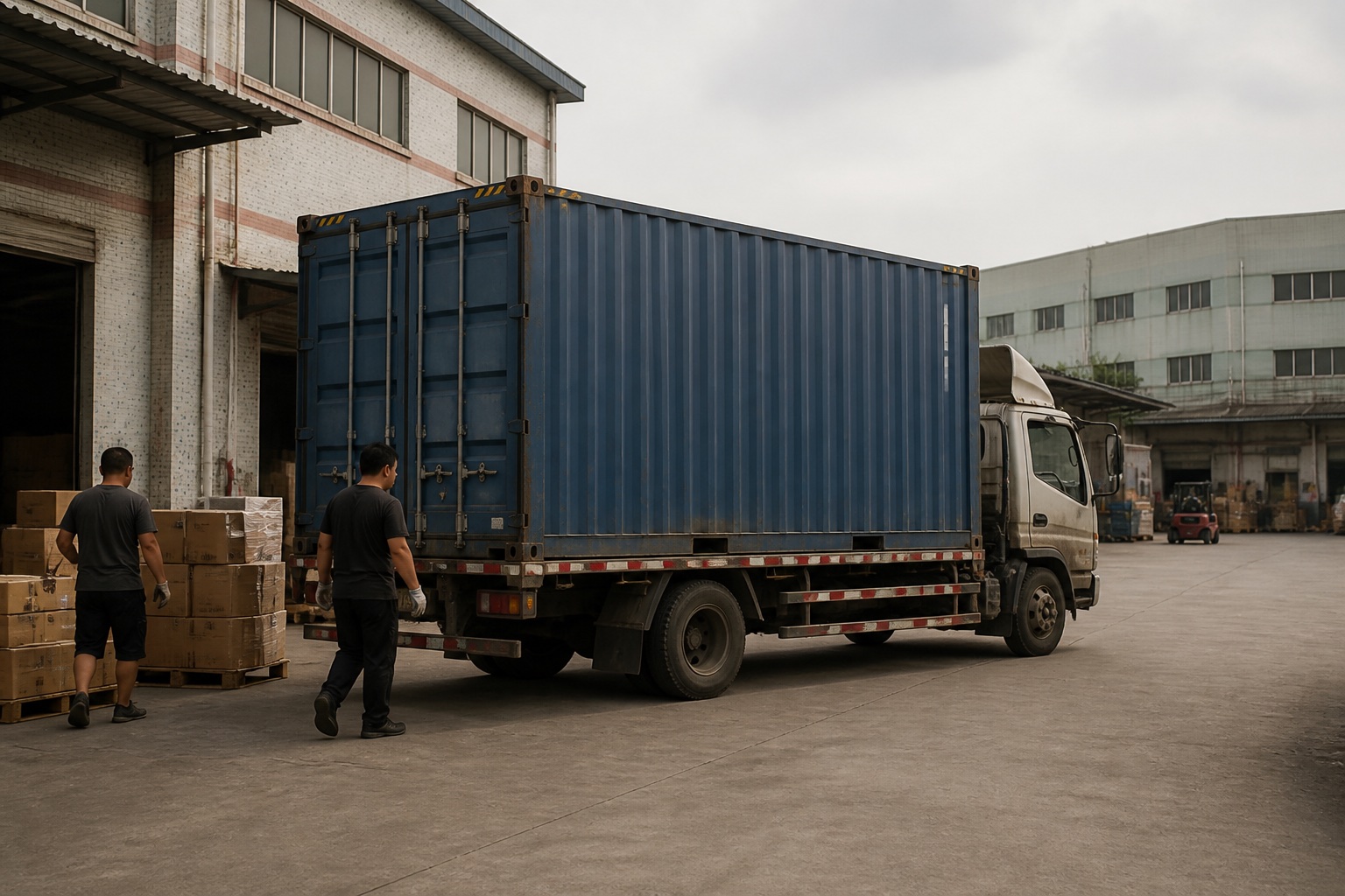 A delivery truck and container at a China logistics yard