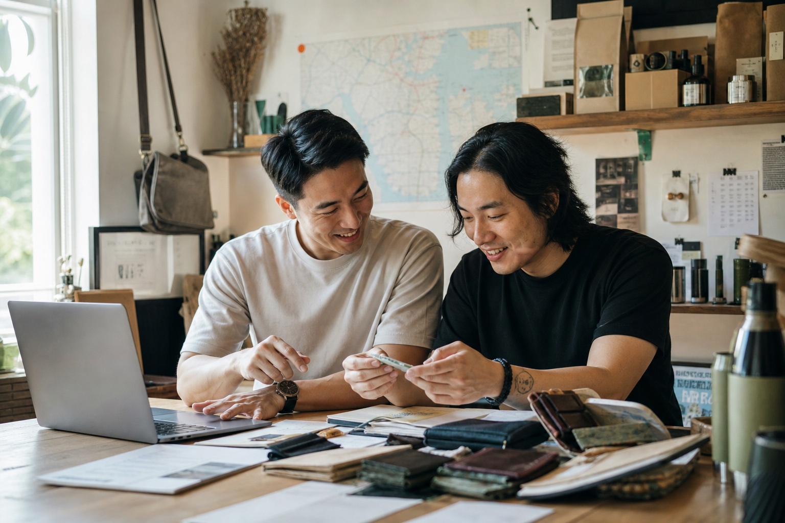 Two founders sitting together informally with a laptop, documents and product samples