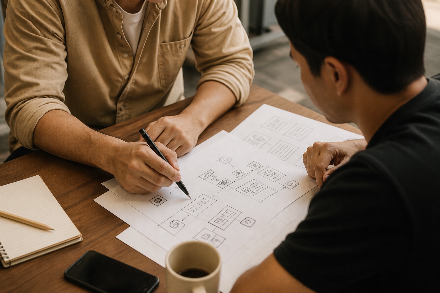 Two people planning together over documents and sketches