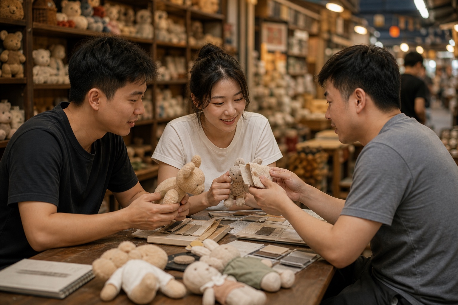 A supplier and sourcing team inspecting product samples together