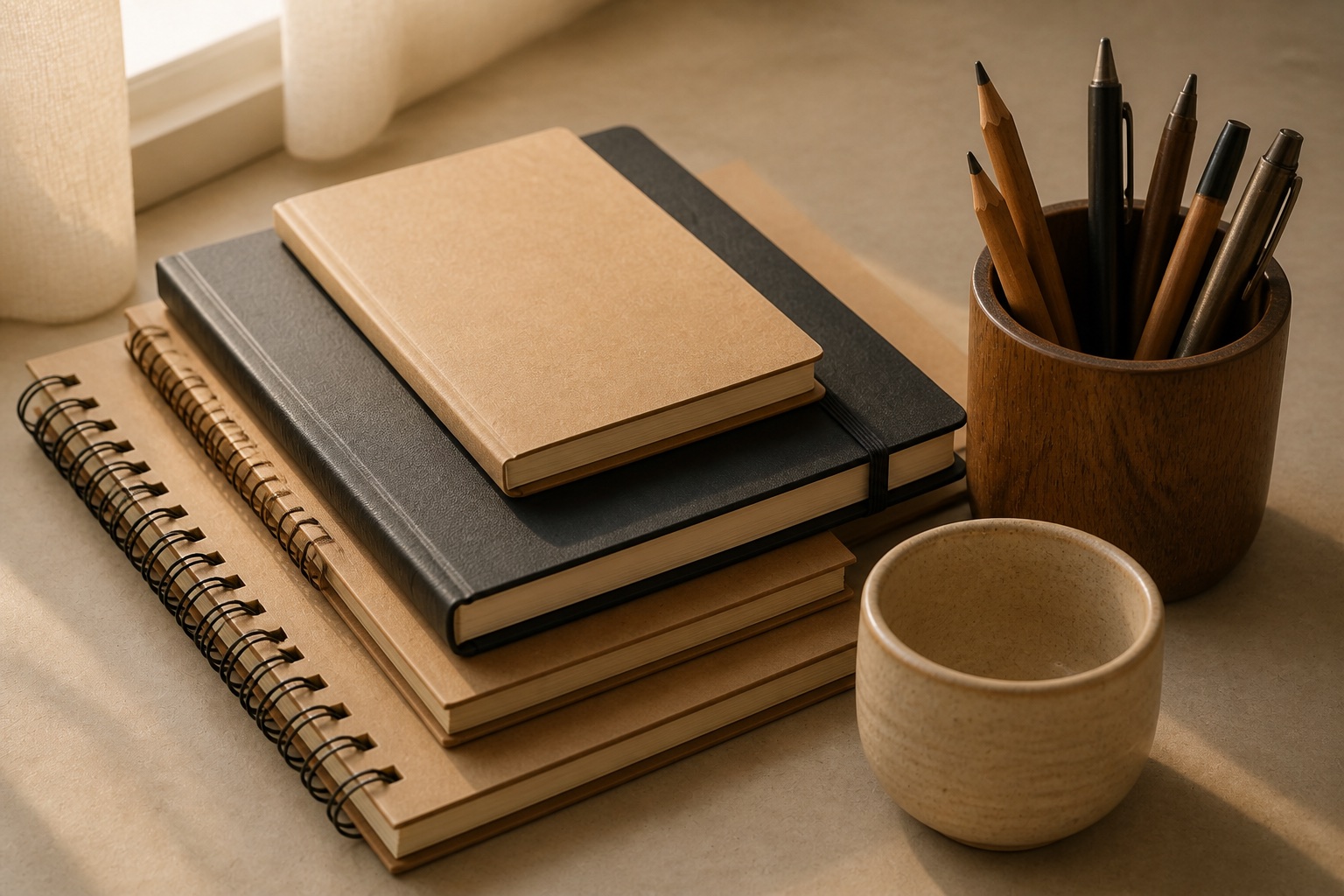 Notebooks, pencils and office desk accessories