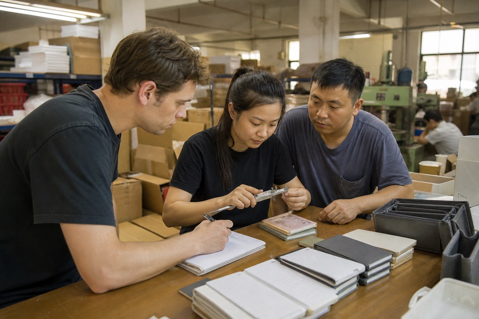 Product samples and stationery being inspected at a factory worktable